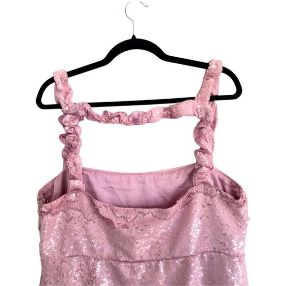 Ganni Satin Sequin Ruffled Trimmed Square Neck Mini Dress Women's Pink Size 42 - Picture 5 of 6
